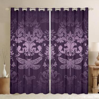 Imagem de Erosebridal Cortinas blackout estéticas libélulas para quarto, cortinas de janela damasco roxo 2 conjuntos de painéis 106,7 cm L L x 90 C, decoração barroca exótica gótica boho vintage floral