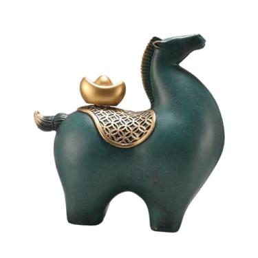 Imagem de IEUDNS Estátua de Cavalo Feng Shui Decoração Artesanal Estátuas Modernas Únicas Escultura de Mesa para Estante Sala de Estante de Entrada de Casa, Cabeça Verde Levantada
