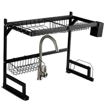 Imagem de Escorredor de Louça para Pia, Organizador de Cozinha em Aço Inoxidável, Preto, 65cm, com Suporte para Utensílios e Prateleira Dupla