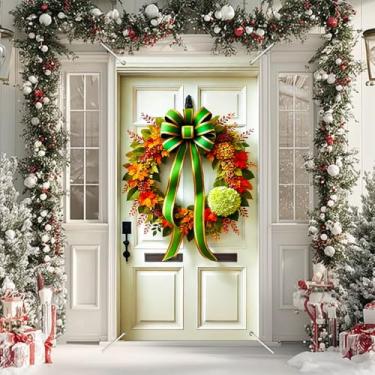 Imagem de BlissYard Capa de porta de outono, 89 x 188 cm, faixa de guirlanda de outono, laço de ouro verde, decoração de colheita de ação de graças, decoração de entrada sazonal, cenário festivo para pendurar