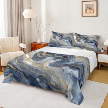 Imagem de Erosebridal Jogo de lençol de cama de grão mármore para homens e mulheres, arte fluida de tinta, minimalista, Queen, clássico, simples, moderno, lençol de cima, lençol de cima índigo tie dye em