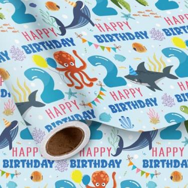 Imagem de LeZakaa Rolo de papel de embrulho de 2º aniversário para bebês, animais marinhos, idade 2, tubarão, oceano, tartaruga, algas marinhas, design de presente para crianças, festa de aniversário de 2 anos