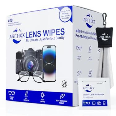 Imagem de ARCHXX 400 lenços para lentes para óculos + 1 bolsa de encaixe de microfibra limpador de lentes, lenços umedecidos individualmente embalados para óculos, óculos de sol, lentes de câmera, sem riscos