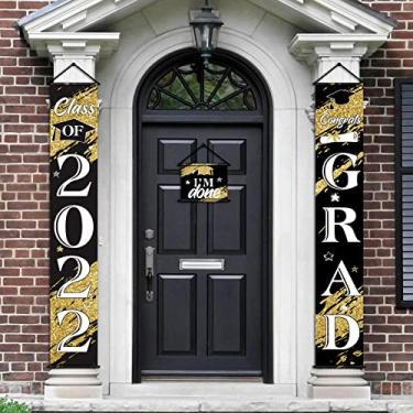 Imagem de 3 peças de decoração de banner de formatura 2022, placa de formatura de 2022 Congrats Grad Alpendre, placa de porta pendurada, adereços de foto para decoração de faculdade, decorações de festa de formatura (preta)