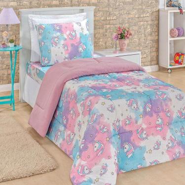Imagem de Kit Edredom Fantasy Unicórnio C/ Jogo Lençol 03 Peças Solteiro Tecido Malha 100% Algodão - Rosa