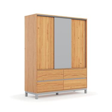 Imagem de Guarda-Roupa Casal Square 3 Portas 4 Gavetas Madeira Maciça Natural Pine e Cool Grey