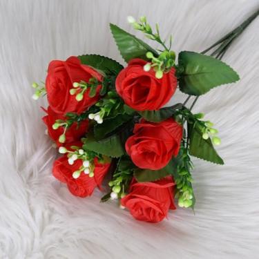 Imagem de Flor artificial – Arranjos florais falsos de rosas vermelhas para casa, banheiro, escritório, mesa, prateleira de mesa, decoração de casamento