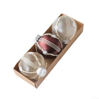 Imagem de Conjunto de 3 bolas redondas de enfeites de árvore de Natal de plástico fosco 8 cm, lantejoulas rosa e decoração de abóbora dourada para festas festivas