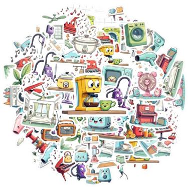 Imagem de 35 peças de eletrodomésticos, itens domésticos, rostos fofos, personagens de desenhos animados, adesivos faça você mesmo, adesivos musicais de papelaria para laptop, motocicleta, bagagem, telefone