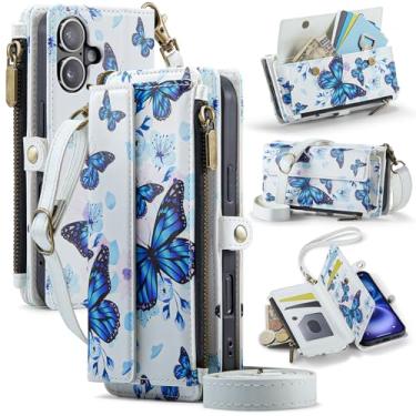 Imagem de YWKJ Capa carteira para iPhone 17 com porta-cartões com bloqueio de RFID, desenho colorido, couro PU, fecho magnético, fecho de correr, carteira para telemóvel, capa para iPhone 17, borboleta aurora