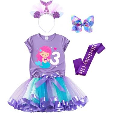 Imagem de Roupa de aniversário de sereia para meninas - saia tutu, camisa, faixa de cetim e faixa de cabeça (roxo 3, 3 anos)