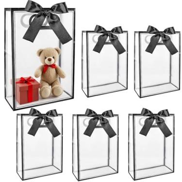Imagem de 6 peças de sacos de presente de plástico transparente com alças, sacos de lembrancinha de festa de PP reutilizáveis com fita, sacola preta aparada para presente a granel para casamento, chá de panela