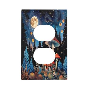 Imagem de SgEdao Capas de tomada decorativas, cogumelo vermelho, lua, floresta noturna, 1 gangue, interruptor de luz duplex, placas de parede para tomadas elétricas, placa frontal para quarto, decoração de casa