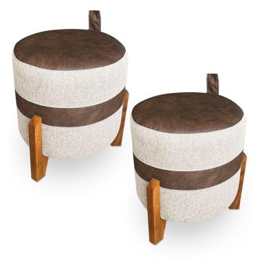 Imagem de Kit 02 Puffs Le Mans Linho E Corano Nozes Base De Madeira - Pallazio Cor Linho Dourado E Corano Nozes