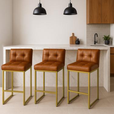 Imagem de Banqueta Cozinha Alta com Encosto Industrial Kit 3 Dourado Lirina PU Whisky C05 - D'Rossi