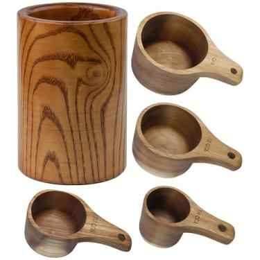 Imagem de Conjunto de cozinha de 4 peças com copos medidores naturais de madeira, design ergonômico, medidas precisas para líquidos sólidos em pó, inclui armazenamento de balde