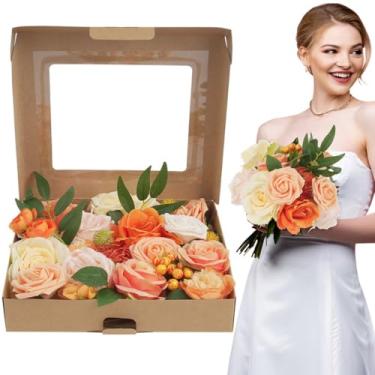Imagem de Conjunto de flores de laranja queimadas falsas para buquês e arranjos faça você mesmo, rosas multicoloridas e decoração floral para casamentos