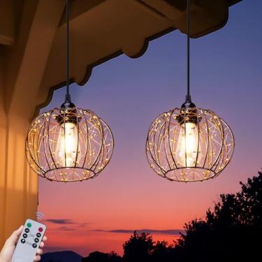 Imagem de ALL FORTUNE Lustre suspenso para uso externo operado por bateria, luz pendente de gazebo ao ar livre à prova d'água, sem fiação, alimentado por 4 pilhas AA, para gazebo, varanda, pérgola, iluminação