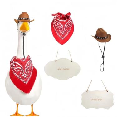 Imagem de 4 peças de roupas de ganso de varanda para estátua de ganso de varanda de 58 cm, ganso de cimento, ganso de jardim e ganso de gramado com placas de madeira/chapéu de caubói/cachecol (vermelho)