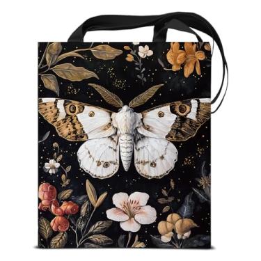 Imagem de KSFFWQIN Sacola feminina de lona estética de mariposa branca floral gótica escura reutilizável para compras, trabalho, praia, viagem, bruxa