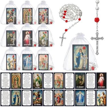 Imagem de Sayglossy Conjunto de 30 presentes religiosos católicos, cartão de oração católica, santos e contas de rosário, presente de batismo de primeira comunhão, Rose