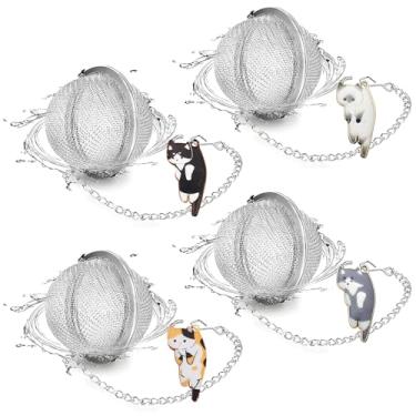 Imagem de PUSCOBSY Conjunto de infusor de chá de gato, pacote com 4 bolas de chá de folhas soltas de aço inoxidável com pingente fofo de liga de gato, filtro reutilizável para bebida fria, presente para amantes