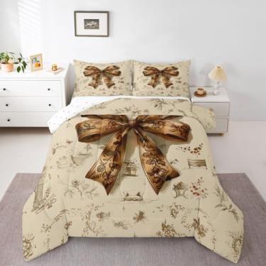 Imagem de Erosebridal Conjunto de edredom solteiro com laço marrom, boêmio, estilo caubói ocidental, hippie, estilo pastoral, macio, quente, decoração de quarto, 2 peças com 1 fronha