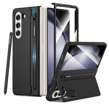Imagem de Maxdara Capa para Z Fold 5 com suporte para caneta S, capa para Galaxy Z Fold 5 com suporte dobrável oculto e protetor de tela integrado, capa fina à prova de choque, preta