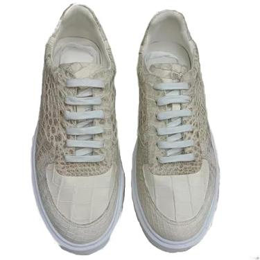 Imagem de Tênis de caminhada masculino autêntico exótico pele de crocodilo branco genuíno couro jacaré masculino com cadarço, Branco, 41