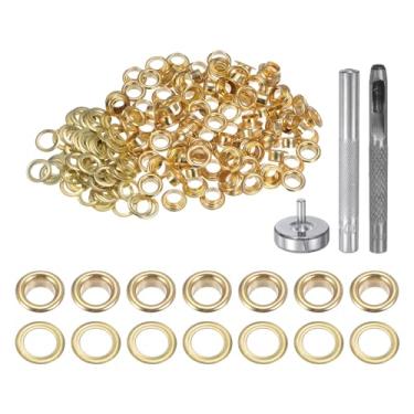 Imagem de HARFINGTON Kit de ferramentas de ilhós, 100 peças, conjunto de ilhós de cobre de 5 mm com furador oco, ferramentas de fixação de ilhós para roupas cinto de tecido de couro, tom dourado