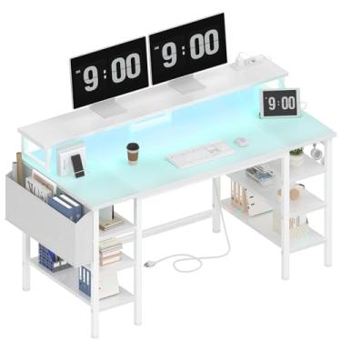 Imagem de Lufeiya Mesa branca com prateleiras de armazenamento - Mesa de jogos de escritório doméstico de 119 cm com suporte para monitor, mesa de computador com luzes LED e tomadas, branca