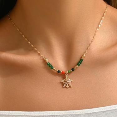 Imagem de Colar de contas com pingente de tartaruga, 2 estilos de imitação de cristal e turquesa com corrente de ouro para mulheres, joia diária Boho, One Size, Metal Vidro, Sem Pedra Preciosa