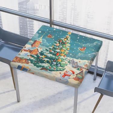 Imagem de Toalha de mesa quadrada para uso ao ar livre com borda elástica, toalha de mesa quadrada limpável, para casa de árvore de Natal, boneco de neve, para ambientes externos, ambientes internos, pátio