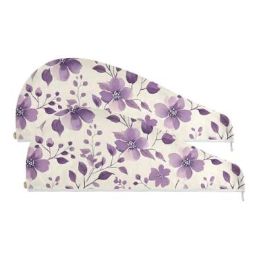 Imagem de SEHANY Toalha de cabelo de microfibra elegante flores roxas para mulheres 2 peças turbantes de cabelo de secagem rápida com botão, touca de cabelo seco absorvente toalha de secagem de cabelo para