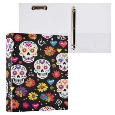 Imagem de Blueangle Fichário de 3 anéis de flor de caveira de açúcar com prancheta e 2 bolsos - Organizador de documentos decorativos de 3 cm para escritório, suprimentos para reuniões (522)