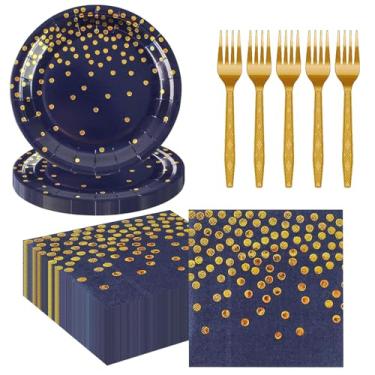 Imagem de Conjunto de 75 pratos de papel e guardanapos, utensílios de mesa descartáveis para festa de 17 cm, guardanapos de 16,5 cm, garfo de plástico de 16,3 cm, para festa de aniversário, casamentos, feriados