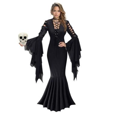 Imagem de KatchOn, Gothic Witch Costume for Women - Halloween Costumes For Women with Skull | Adult Black Witch Dress with Collar Choker | Gothic Witch Dresses for Women | Vampire Costume Women for Cosplay