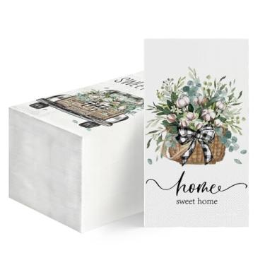 Imagem de Horaldaily 100 guardanapos decorativos de papel descartável primavera verão para convidados, toalha de mão padrão de eucalipto e algodão para festa, almoço, jantar, cozinha, decoração de banheiro
