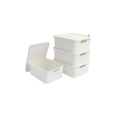 Imagem de Caixa Organizadora Multiuso Branca, Plástico e Madeira, 16cm x 36cm x 22cm, com Alças Laterais, Empilhável, para Casa e Escritório