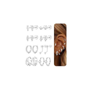 Imagem de Dochais Argola hipoalergênica plana banhada a ouro 14K - Conjunto de brincos de aço inoxidável cirúrgico com corrente de cartilagem - Brincos pequenos de orelha para mulheres na moda, Latão + haste de