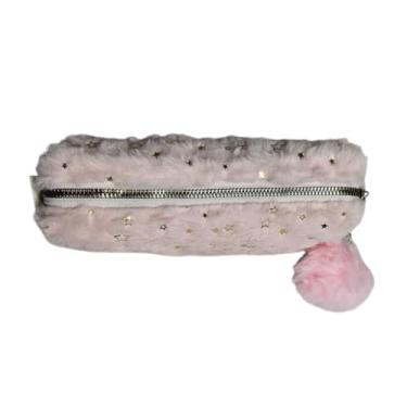 Imagem de Estojo Escolar Pelúcia Rosa Glitter Estrelas Fofo Pompom