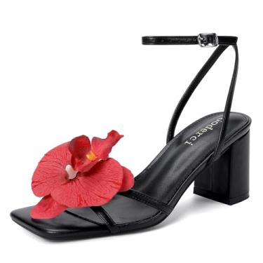 Imagem de Goderci Sandálias femininas de salto alto com flor quadrada, bico aberto, tira no tornozelo, salto floral grosso, Preto, 40
