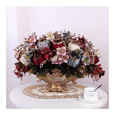 Imagem de LMJYU Flores artificiais - Arranjo de peças centrais de flores de peônia sintética, flores de peônia falsas de flanela de seda premium com vaso de resina
