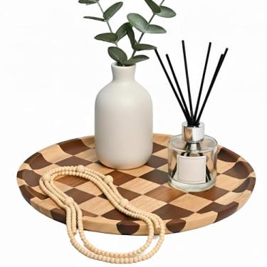 Imagem de MSJGA Bandejas de servir redondas de madeira de 28 cm com design xadrez exclusivo para decoração de casa, mesa de café, mesa de jantar, ilha de cozinha