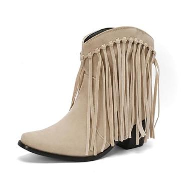Imagem de Seborluys Botas femininas de caubói com franjas no tornozelo, botas de caubói com franjas, estilo caubói com franjas, salto grosso de camurça, Bege, 41