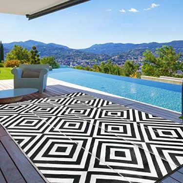 Imagem de Pcinfuns Tapete de palha de plástico, tapetes de pátio RV para acampamento, tapete reversível, tapete grande de 2,4 x 30,5 cm, tapete para ambientes externos, losango preto grande