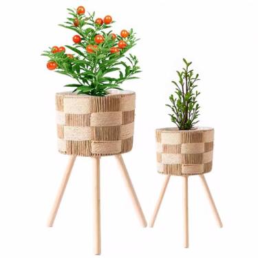 Imagem de LiliGloris Conjunto de 2 suportes para plantas de vime boho – Suporte de plantador moderno de vime de meados do século para plantas de interior, decoração de casa de fazenda grande, design de madeira