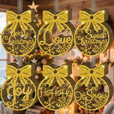 Imagem de 24 peças de enfeites de madeira de Natal rústicos cortados a laser decorações de árvore de férias com palavras bolas de madeira para guirlanda de árvore de Natal, decoração de casa, Feliz Natal