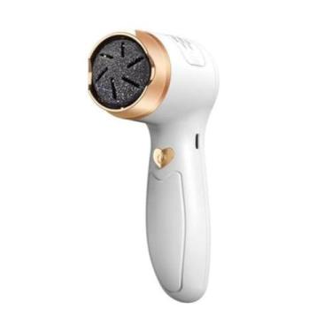 Imagem de Esfoliador Elétrico para Pés Portátil, Recarregável USB, Branco e Dourado, 14,5x5,5cm, com 2 Discos Abrasivos
