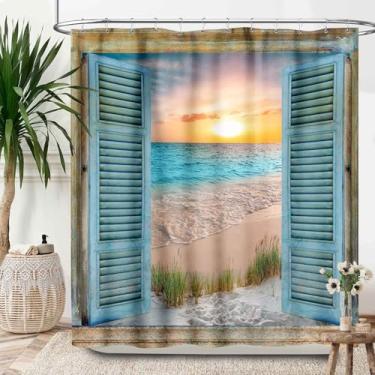 Imagem de Lnepty Cortina de chuveiro Ocean Beach, porta de madeira de celeiro náutico costeiro, pôr do sol, campo, litoral, moderno, quarto, sala de estar, tecido à prova d'água, decoração de cortina de banho